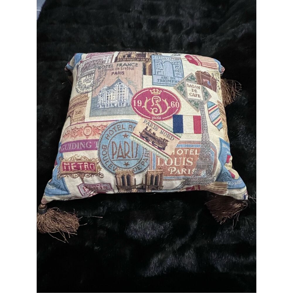 Borgata‎ Tapestry Pillow Tassel Pairs France Sign Square Throw Approx 16” X 16